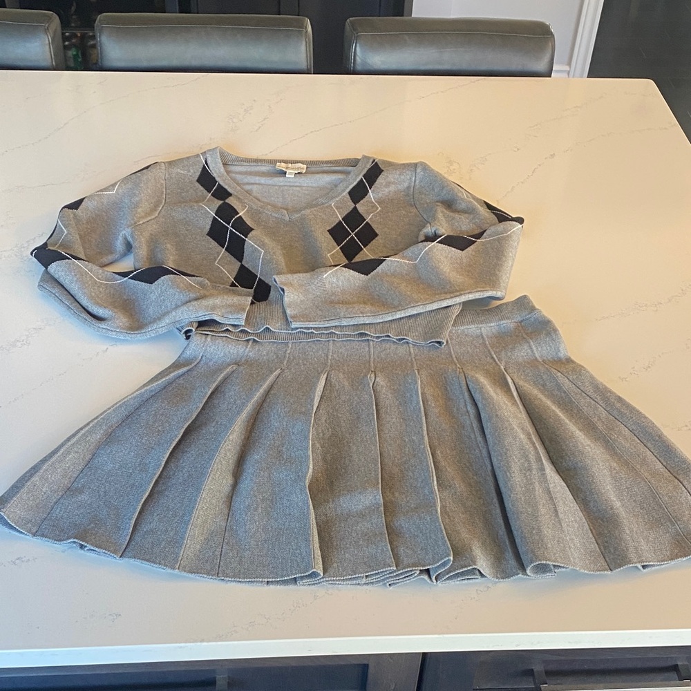 Gray Argyle Sweater and Skirt Set